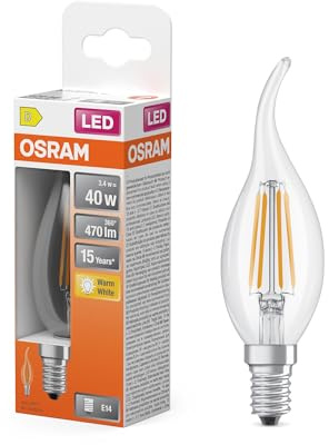 Osram LED-Lampe Star Kerzenform BA40 Filament, 2700 K warmweiß, 3,4 W, E14, klar, 470 lm, 15.000h, für Kronleuchter, Windstoß-Kerzenform
