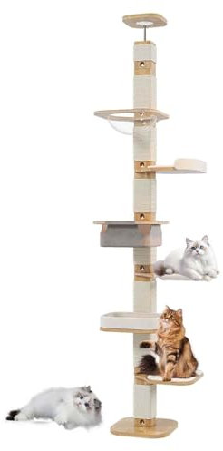 PJDDP Cat Tree Floor To Ceiling with Hammock, Floor To Ceiling Wooden Cat Tower, Cat Climbing Pole with Space Capsule, Height Adjustable for Indoor Cats,A112 to 120
