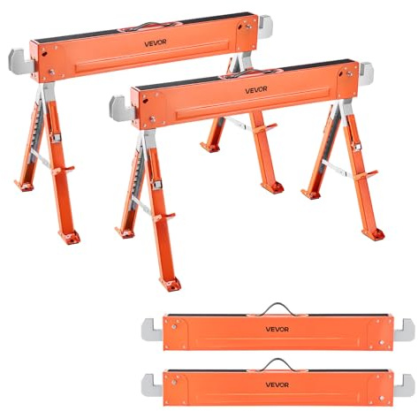 VEVOR Saw Horses, 2 Pack Folding Work Horses, 1800 lbs Load Capacity Sawhorse with Heavy Duty Legs, Adjustable Height Saw Horse with Non-Slip Foot Pads, for Woodworking, Carpenters & Contractors