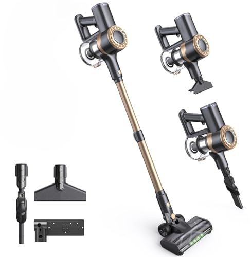 Lubluelu Akku Staubsauger Kabellos, 450W Motor & 45kPa Saugleistung, Leichter & Leiser Akku-Standstaubsauger mit LED-Anzeige, Ideal für Tierhaare, Teppiche, Hartböden & Auto, Gold