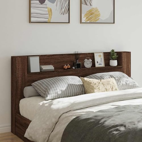 KKHOMEI Testiera Letto 200 cm, Letti con Comodini e Luci, Testiera con Contenitore, Testiera Letto con Libreria, Matrimoniale/Singolo, Rovere Marrone