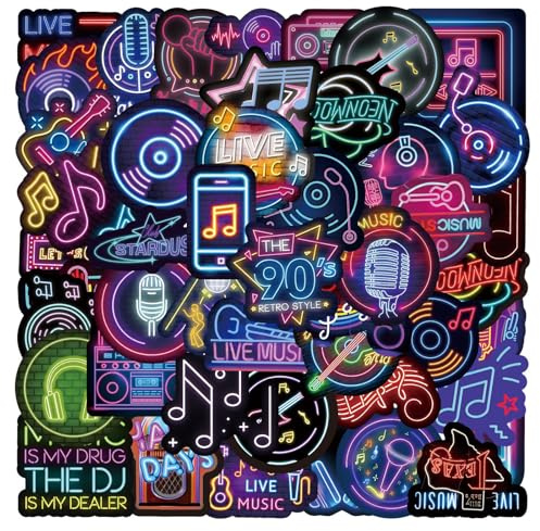 Bric Dodo 50 Stück Neon-Musik Aufkleber Auto Laptop Telefon Gitarre Skateboard Motorrad Fahrrad Neon Music Stickers Set Vinyl Wasserdicht Aesthetic Aufkleber für Erwachsene