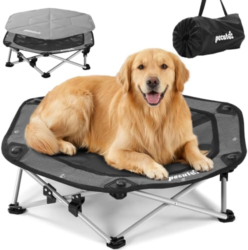 pecute Faltbares Erhöhtes Hundebett, Outdoor Hundeliege Camping Grau XL | Erhöhtes Hundebett ohne Montage, in 3s Faltbar für Camping & Outdoor, Stabil, Atmungsaktiv, Ganzjährig (inkl. Kühlmatte)