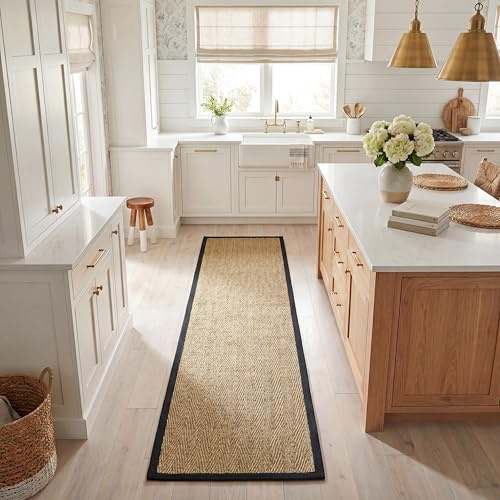 SAFAVIEH Naturfaser Teppich für Wohnzimmer, Esszimmer, Schlafzimmer - Natural Fiber Collection, Kurzer Flor, Natürlich und Schwarz, 76 X 183 cm