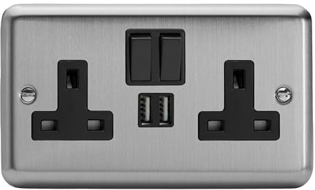 Varilight Double Switched Plug Socket With USB Charging - Value Matt Chrome With Black Insert, XS5U2SB