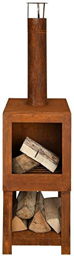 Esschert Design Terrassenofen mit Holzlager, in Rost Optik, 38,4 x 38,4 x 136,3 cm, Gartendekoration, Holzofen mit Zubehör