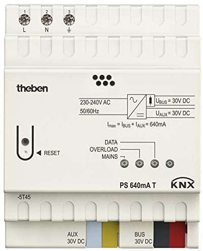 Theben 9070958 PS 640 mA T KNX Spannungsversorgung REG | 640 mA, KNX-Systemspannung und Überwachung, 30 V DC Hilfsspannung, Reset-Taster 20 s, dauerkurzschlussfest