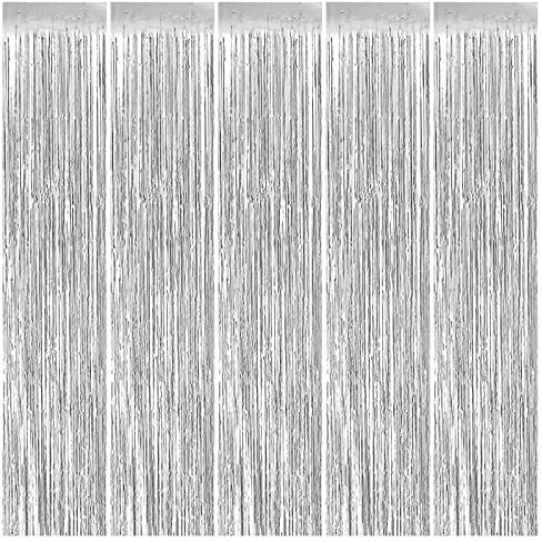 MerryNine 5 Pack Metallic Foil Fringe Curtains, 3 ft x 10 ft DIY Tassel Garland Banner for Wedding, Baby Shower, Event & Party Supplies Decoration (Silver)
