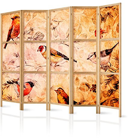 decomonkey Paravent Raumteiler Innen Vögel 225x171 cm 5 Teilig Room Divider Wall Raumteiler Stehend Trennwand Sichtschutz Spanische Wand Sichtschutzwand Wohnzimmer Holz Spa Zen Orient Japan