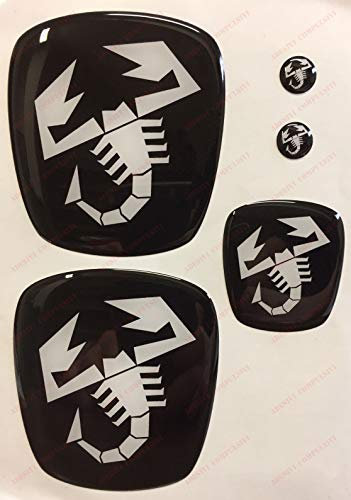 Logo Anteriore, Posteriore + Volante + 2 Stemmi per Portachiavi. per Cofano e Baule. Adesivi resinati, Effetto 3D. Fregi Scorpione, Colore Bianco Nero