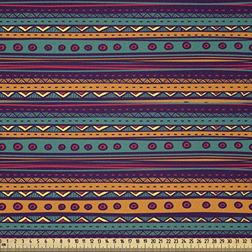 ABAKUHAUS Gestreift Stoff als Meterware, Retro Aztec Kunst, Microfaser Stoff für Dekoratives Basteln, 1M (230x100cm), Beige Blau