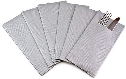 75 Stück Besteckservietten Silber 40 x 40 cm stoffähnlich mit Schlitz für Besteck gefaltet Bestecktaschen Dinner