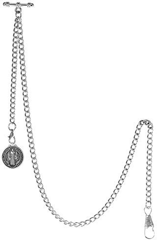 TREEWETO Taschenuhrkette mit T Bar Endstück Albert T-Bar Taschenuhr Kette mit Antiker Jesus Anhänger und 2 Haken für Weste Knopfloch Silber