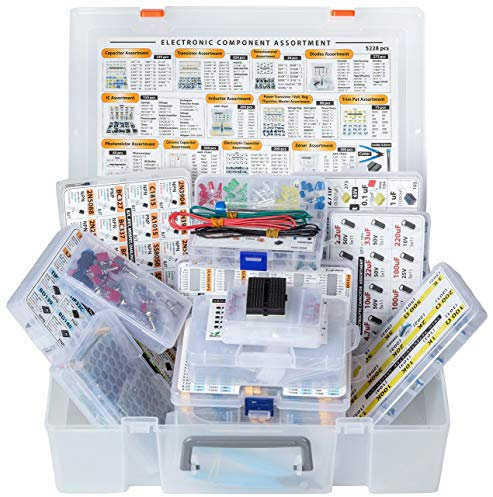 XXXL Electronic Component Assortment Box Kit, 5228 pcs, Capacitors, Transistors, Potentiometers, Diodes, ICs, Inductors, Regulators, Mosfets, Trim Pots, LEDs, PCB, Photoresistors, Terminals, Resistors