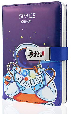 Mazeran Combination Lock Journal, PU Leather Hard Cover Space Astronaut Theme Notebook Cute Diary, A5 Lined Password Locking Personal Planner Secret Organizer Gift for Kids Teens