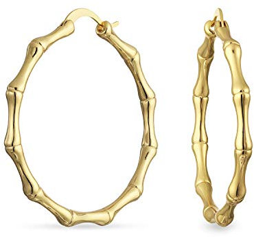 Große runde modische Statement-Bambus-Creolen für Frauen Teenager-Piercing 18K vergoldet Hochglanzpoliert mit Klappverschluss 3,8 cm Durchmesser