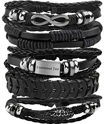 MILAKOO 5 Stück Geflochtene Lederarmbänder mit Gravur Einstellbar Manschette Armband für Männer Damen (Schwarz)