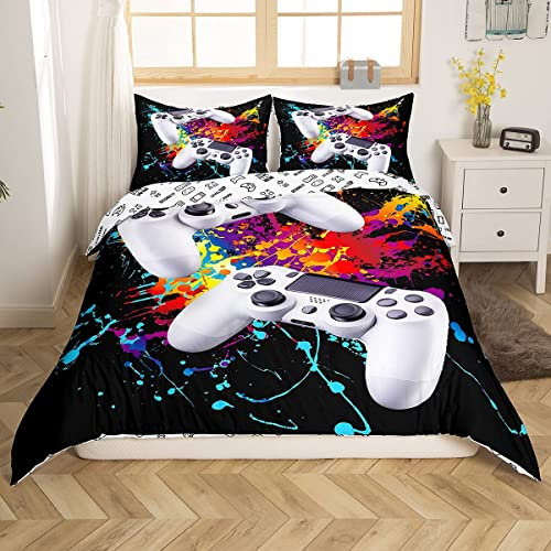 Loussiesd Jungen Spiele Bettwäsche Set 155x220cm Kinder Aquarell Gamepad Gedruckt Bettbezug Set Kinder Videospiel Gamepad Betten Set Gamer Controller Bunt Tie Dye Splash Ink Graffiti Bettwäsche