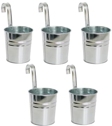 XZJMY Lot de 5 pots de fleurs à suspendre en métal avec crochet pour décoration intérieure et extérieure pour balustrade, clôture, balcon, jardin (couleur étain)