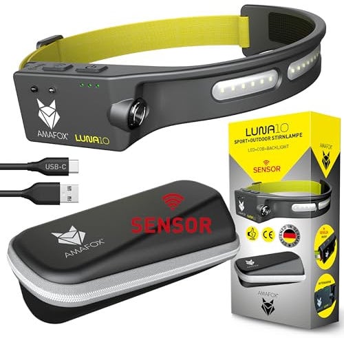 AMAFOX LUNA SPORT NEU!-Modell 2024 - LED Stirnlampe Joggen Edition - Kopflampe Stirnlampe led wiederaufladbar - Anthrazit - Jogging Lauflampe, mit Rücklicht und Reflektor | Extrem Leicht & Bequem