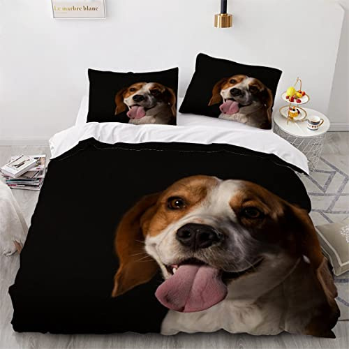 ZLKEJI Hunde Bettbezug 135x200cm Beagles Bettwäsche Schwarz Betten Set 3D Nettes Haustier Welpe Bettbezug Set 3 Teilig Kissenbezug 80x80 Puppy Tiermuster Bettwäsche Set Mikrofaser