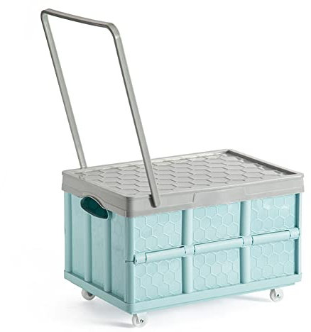 Radefasun Foldable Storage Bins with Lids Plastic Collapsible Box Portable Stackable Grocery Books Container Folding Latching Storage Crate with Removable Pulley and Pull Rod (M, Blue)