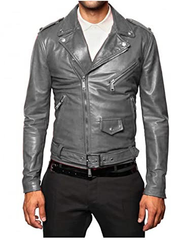 Leder Herren Brando Motorradfahrer Rock Motorrad Kuhfell, grau