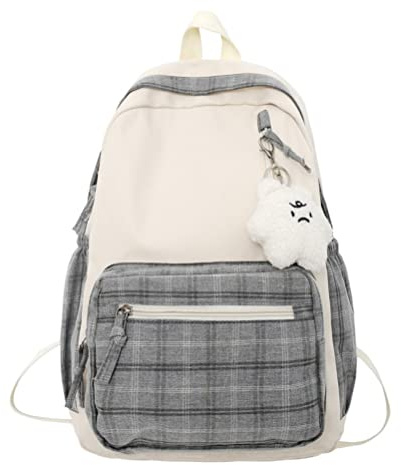 Aesthetic Backpack Kawaii Sage Green Niedlicher karierter Rucksack mit Plüschanhänger leicht große Kapazität Studenten Büchertasche Schultasche lässiger Tagesrucksack