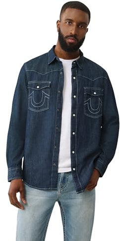 True Religion Men's Dark Wash Western Shirt, Indigo, XL