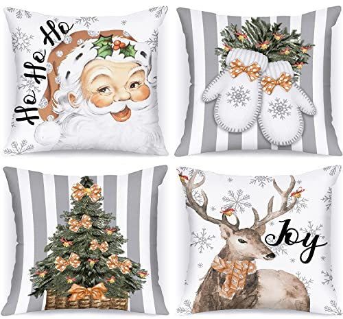 Lanpn 4 Stück Weiß und Grau Vintage Kissenbezug Weihnachten Kissenhülle 45x45 cm, Retro Rustikal Weihnachtsmann Dekorative Weihnachtskissen für Weihnachtsdeko Christmas Bettwäsche Sofa Decorations
