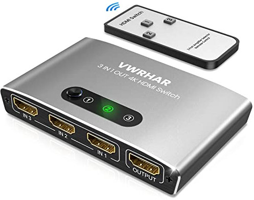 VWRHar HDMI Switch 3 IN 1 OUT Aluminum HDMI Splitter with Remote HDMI Switcher Supports 4K 3D HD Monitor Wireless Remoter Control Compatible with PS5/PS4/PS3, Laptop/PC DVD Blu-Ray Xbox Roku TV/HDTV