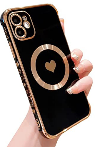 LSOUGUK Compatible with Magsafe Case for iPhone 11,Love Heart Pattern Electroplated Design Soft TPU Shockproof Protective Full Camera Lens Protection Magnetic Case for iPhone 11 6.1 ''-Black