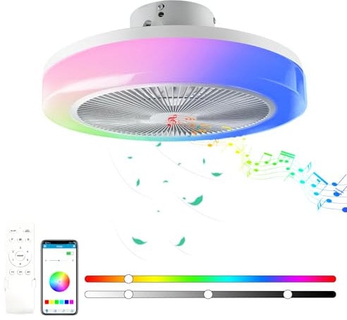 TOPBOS RGB Deckenlampe mit Ventilator Fan, Dimmbare LED Lichter mit Ventilator, Leiser Moderne Ventilator mit Lichtern, RGB Deckenventilator mit Beleuchtung und Fernbedienung und APP Ventilatorlicht