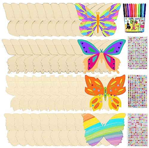 JOKILY Schmetterling Bastelset, Holz zum Basteln und Bemalen mit 12 Buntstiften und 3 Diamantaufklebern