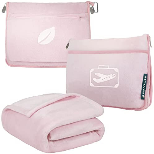 PAVILIA Coperta da viaggio con cuscino in borsa morbida con tasche, set di coperte per aereo, coperta compatta e pieghevole, cuscino essenziale per auto, accessori da viaggiatore, regali, cinghia per