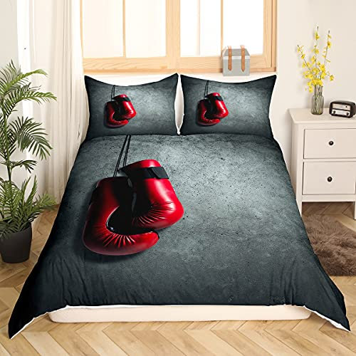 Loussiesd Boxing Bettwäsche Jungs Männer Sport Thema Bettwäsche 155x220cm Jugendliche Rote Boxhandschuhe Muster Bettbezug Set Jungen Pugilismus Spiele Design Bettwäsche mit 1 Kissenbezug