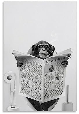 WEERSHUN Affe Auf Toilette Zeitungsposter - Kinder, Badezimmer, Humor, Lustiges Tier, Schwarz-Weiß, Leinwand, 90er-Jahre, Wandkunst, Ästhetisches Poster, 30 x 45 cm