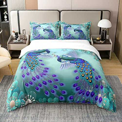 100 Prozent Baumwolle Pfau Bettbezug 135x200,Bohemian Bettwäsche Set für Kinder Jungen Mädchen,Tribal Birds Tiere Tröster Bezug,Teal Blue Feder Floral Bett Sets mit1 Kissenbezug Soft