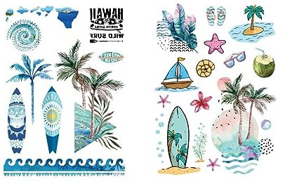 2 Bögen Temporary Surf Tattoo Palmen Tattoo Wellen Tattoo Surfboard Tattoo Sommer Fake Tattoo LC007 08