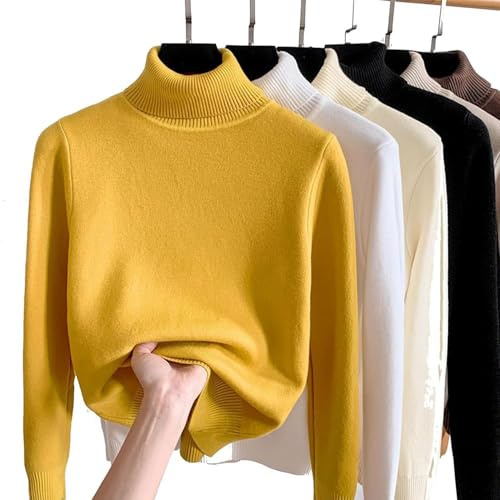 JOCCOS Camisa de punto grueso de forro polar para invierno, suéter de cuello alto grueso casual para mujer, suéter de fondo delgado térmico suave