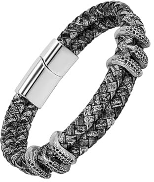 Eigso Uomo Bracciale in pelle intrecciata di tendenza per uomini donne bracciale vintage retrò a doppia corda con chiusura in acciaio inox