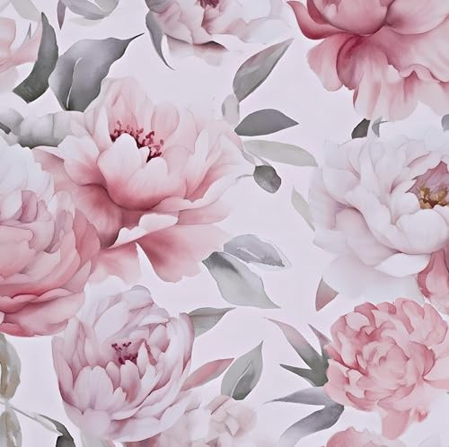 Floral Wallpaper Peel and Stick, Large White & Pink Flowers Contact Paper 17.5 x 118, Modern Peony Wall Paper Self Adhesive Removable Waterproof for Room Walls Shelves Cabinet Drawer Table Decor