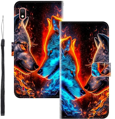 WUACYEAMING für Samsung Galaxy A10 Hülle Premium PU Leder Flip Klappbare Stoßfeste Magnetische Schutzhülle Tasche mit Kartenfach Geld Slot Ständer Zwei Wölfe