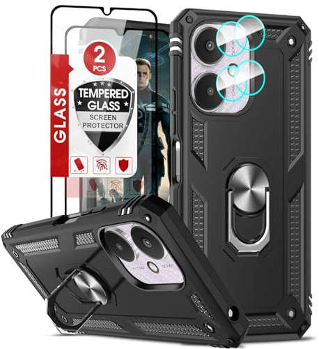 LeYi Coque pour Xiaomi Redmi 13C 4G/5G avec 2 Verre Trempé et 2 Protection Camera, Anneau Support Militaire Anti-Chute Bumper Rigide Armure Housse Etui Noir pour Redmi 13C Antichoc-Noir
