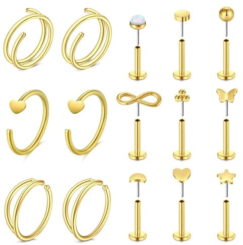 WillTen 20G Nasenringe Gewindelose Ohrstecker Chirurgenstahl Hoops Nasenpiercing Schmuck Gold