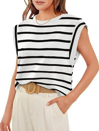 PANOZON Womens Cap Sleeve T-Shirt Summer Tank Top Crewneck Casual Loose Fit Basic Tee Shirt White Stripe L