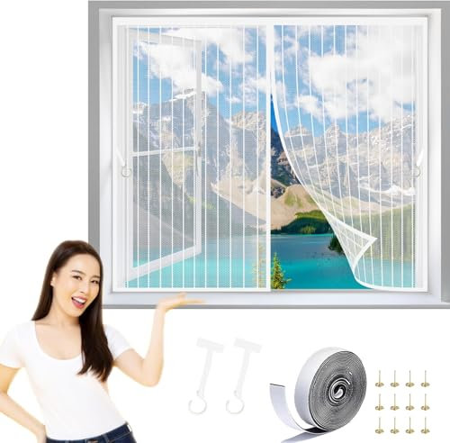 Selbstklebende Magnet Fenster Netz 110 x 102 cm Insektenschutzgitter Ohne Bohren mit Klettverschluss für Alle Tür- Und Fenstergrößen, Weiß