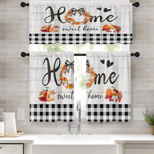 Nesphy Tende da cucina autunnali Tende per finestre con mantovana e livelli 91 cm, zucca autunnale con tasca per asta, tenda corta per stanza, vintage in legno a quadri piccoli bar decorazione per