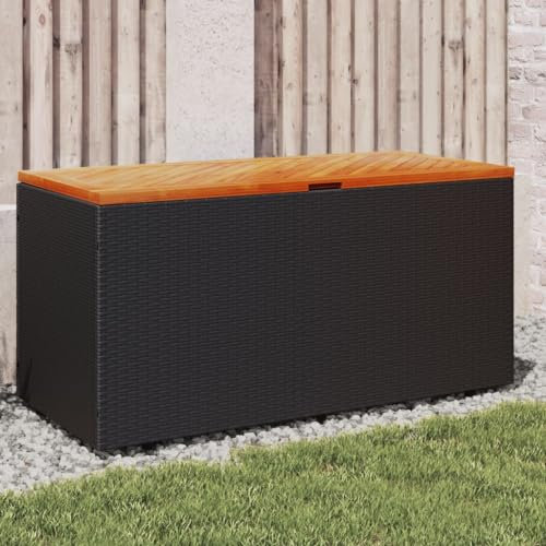 Homgoday Conteneur de jardin noir 110 x 50 x 54 cm Polyrotin et bois Acacia, coffres et coffres pour extérieur, boîte de jardin, porte-outils de jardin, pouf d'extérieur, coffre d'extérieur
