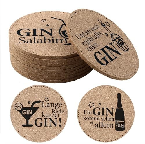 XIAONIU Untersetzer Gin Set 9 Stück Gin mit Ginsprüchen, 10cm Glasuntersetzer Kork Gin Untersetzer, für Ginfans Ginliebhaber und Gintrinker (deutsche Sprüche)